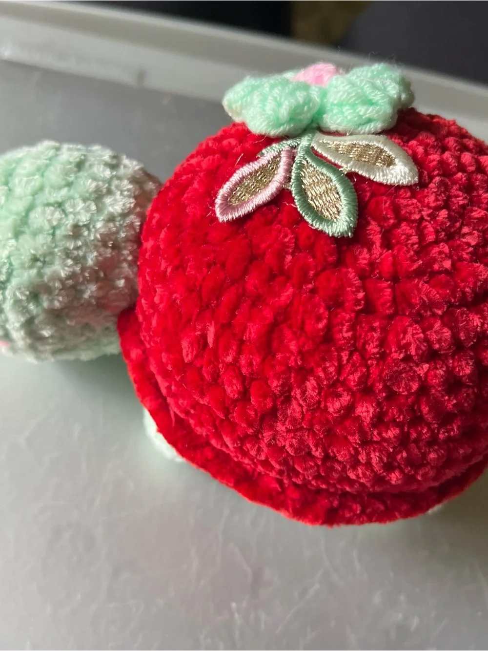Handmade Crochet Plush Turtle Hat - Red with Mint Flower Accent 6.5”-NEW